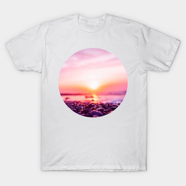 Summer Sunset Bringing Out Shades Of Pink And Orange In The Sky, Ocean And Beach Pebbles T-Shirt by AishwaryaMathur